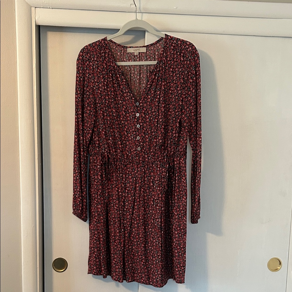 LOFT Red Floral Long Sleeve Dress